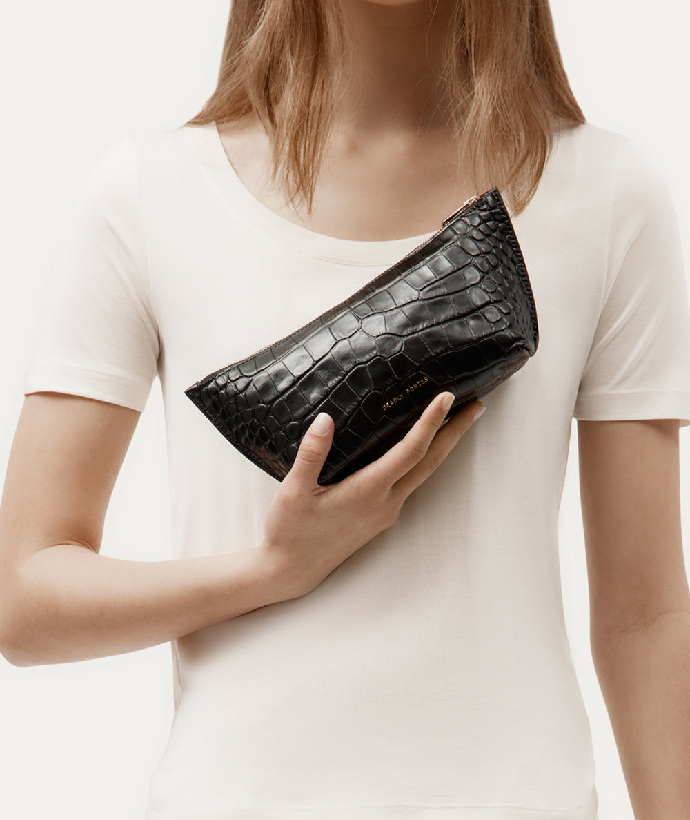 Medium Poucher - Black Croc