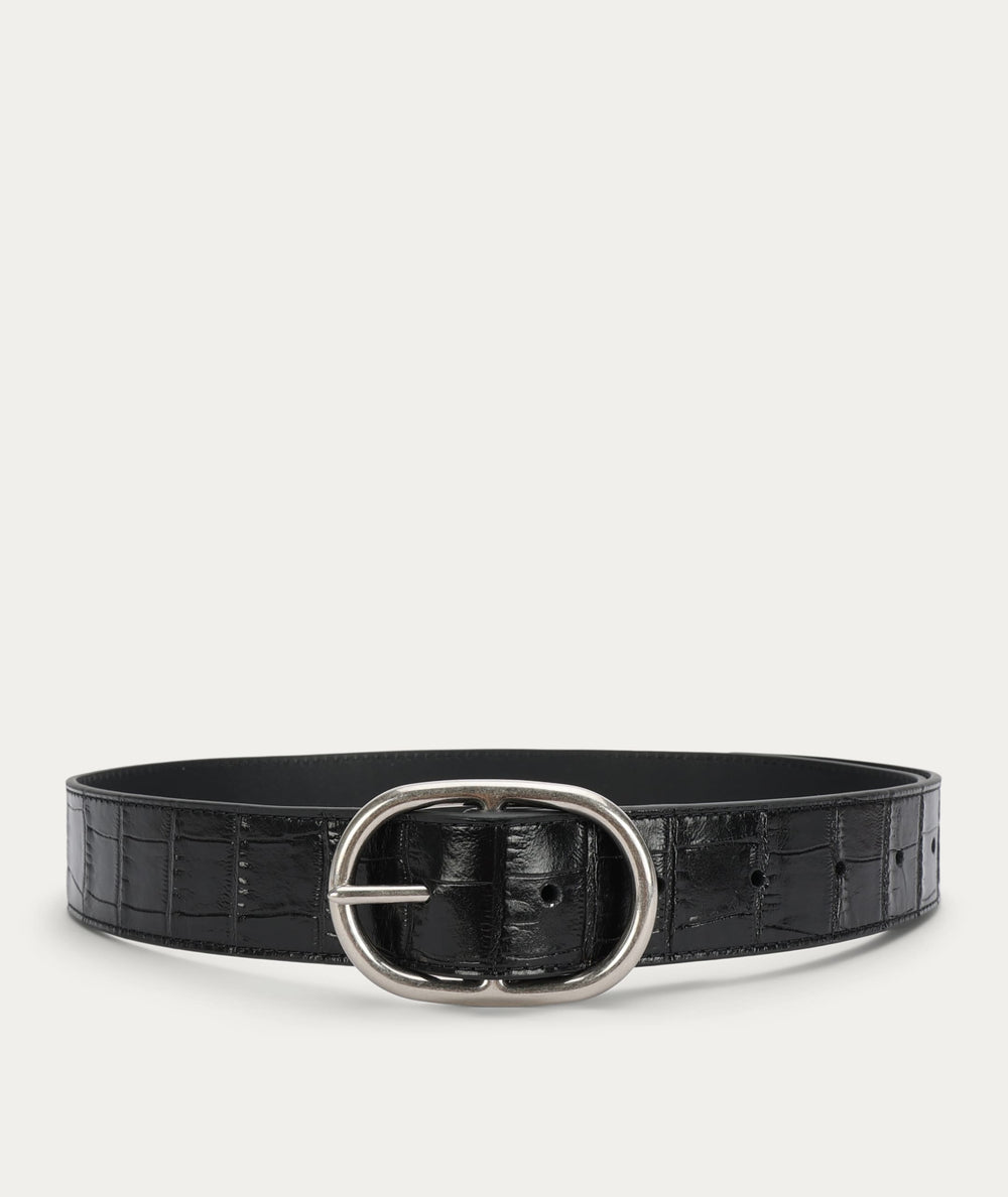 Wide Belt - Oval Buckle - Black Croc/Silver
