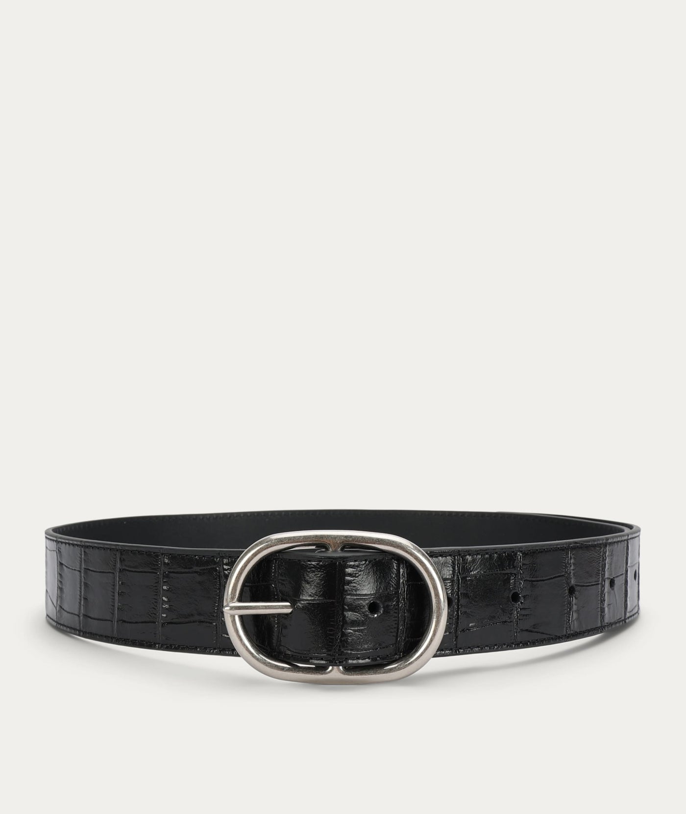 Wide Belt - Oval Buckle - Black Croc/Silver
