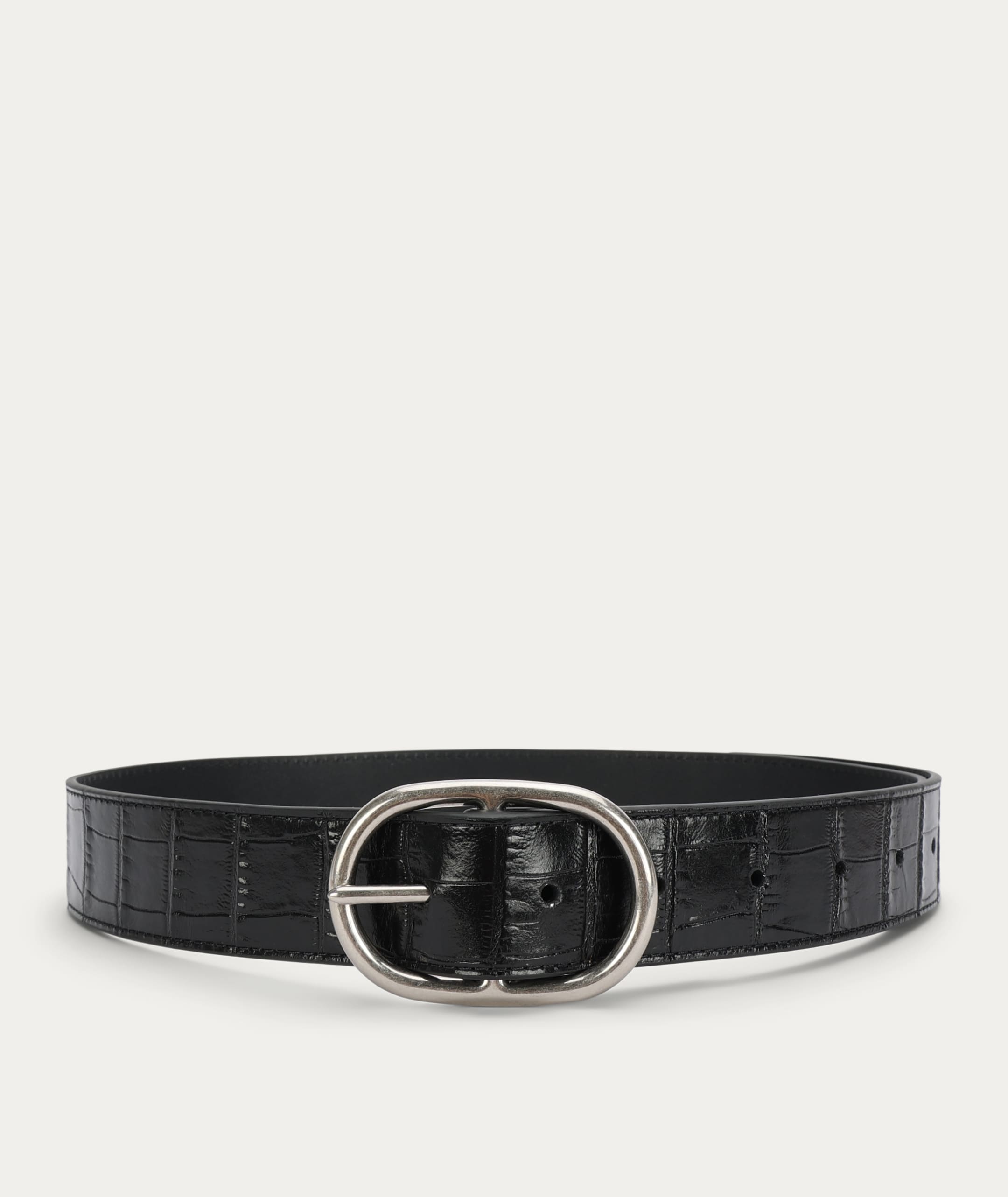 Wide Belt - Oval Buckle - Black Croc/Silver