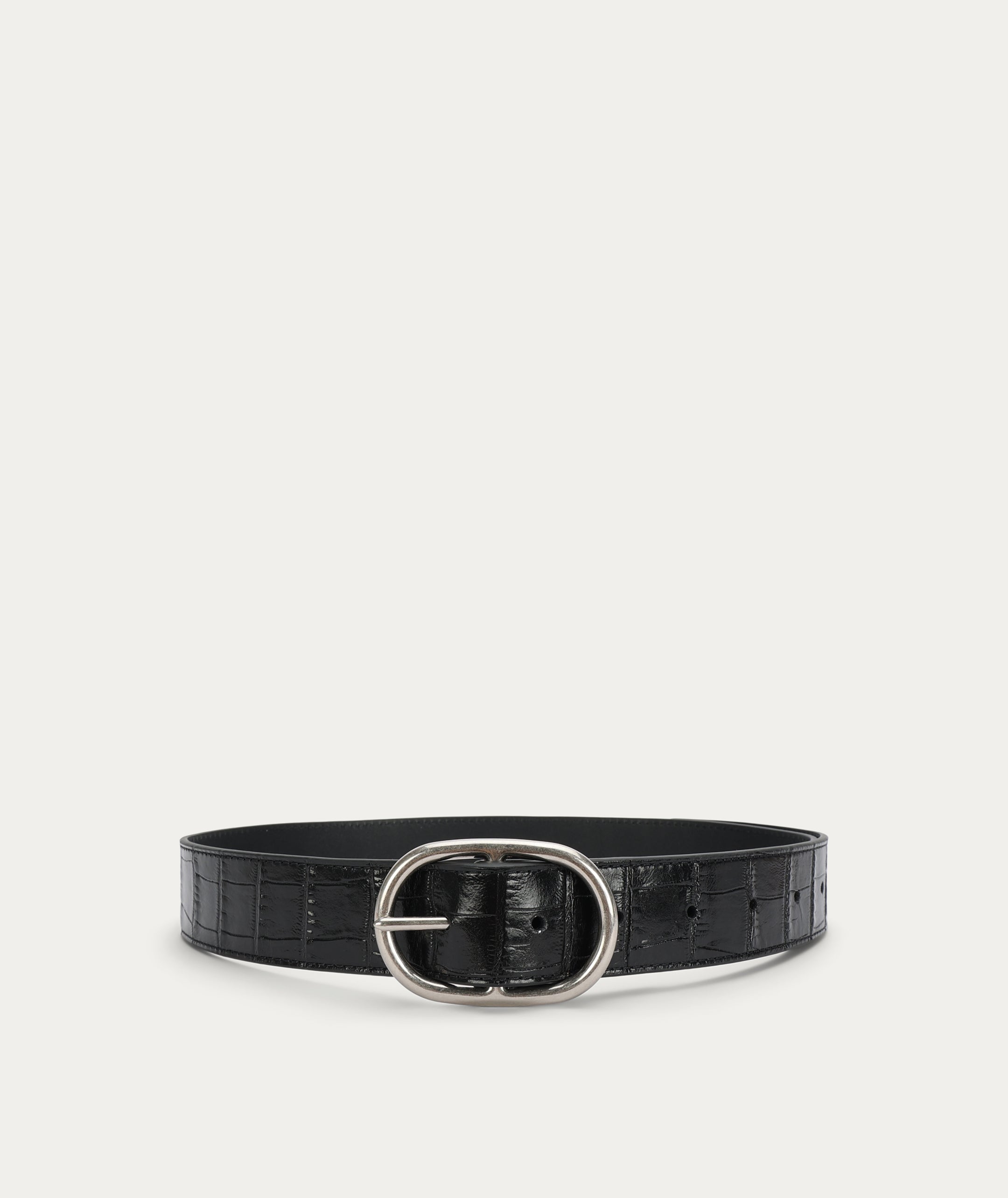 Wide Belt Oval Buckle - Black Croc/Silver