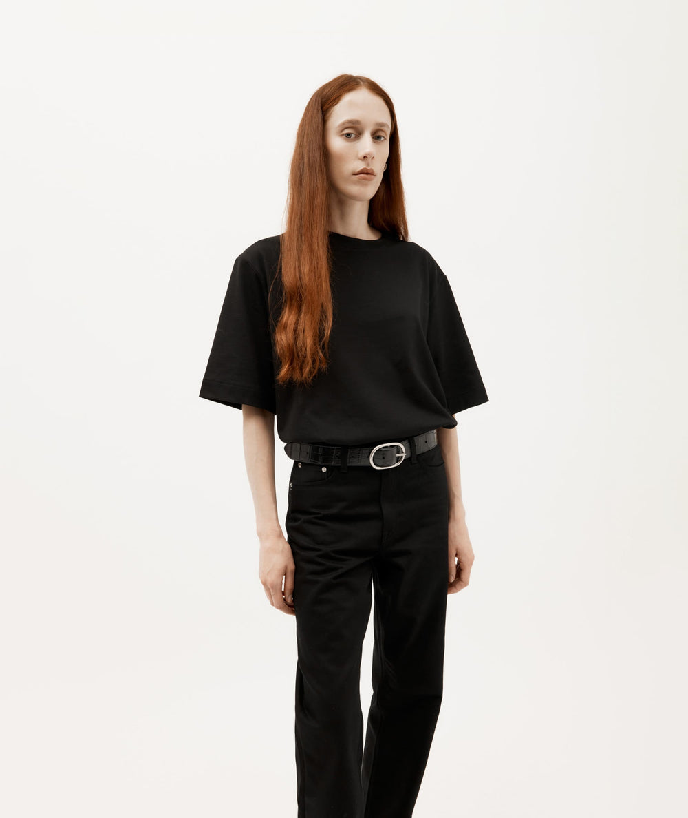 Wide Belt - Oval Buckle - Black Croc/Silver