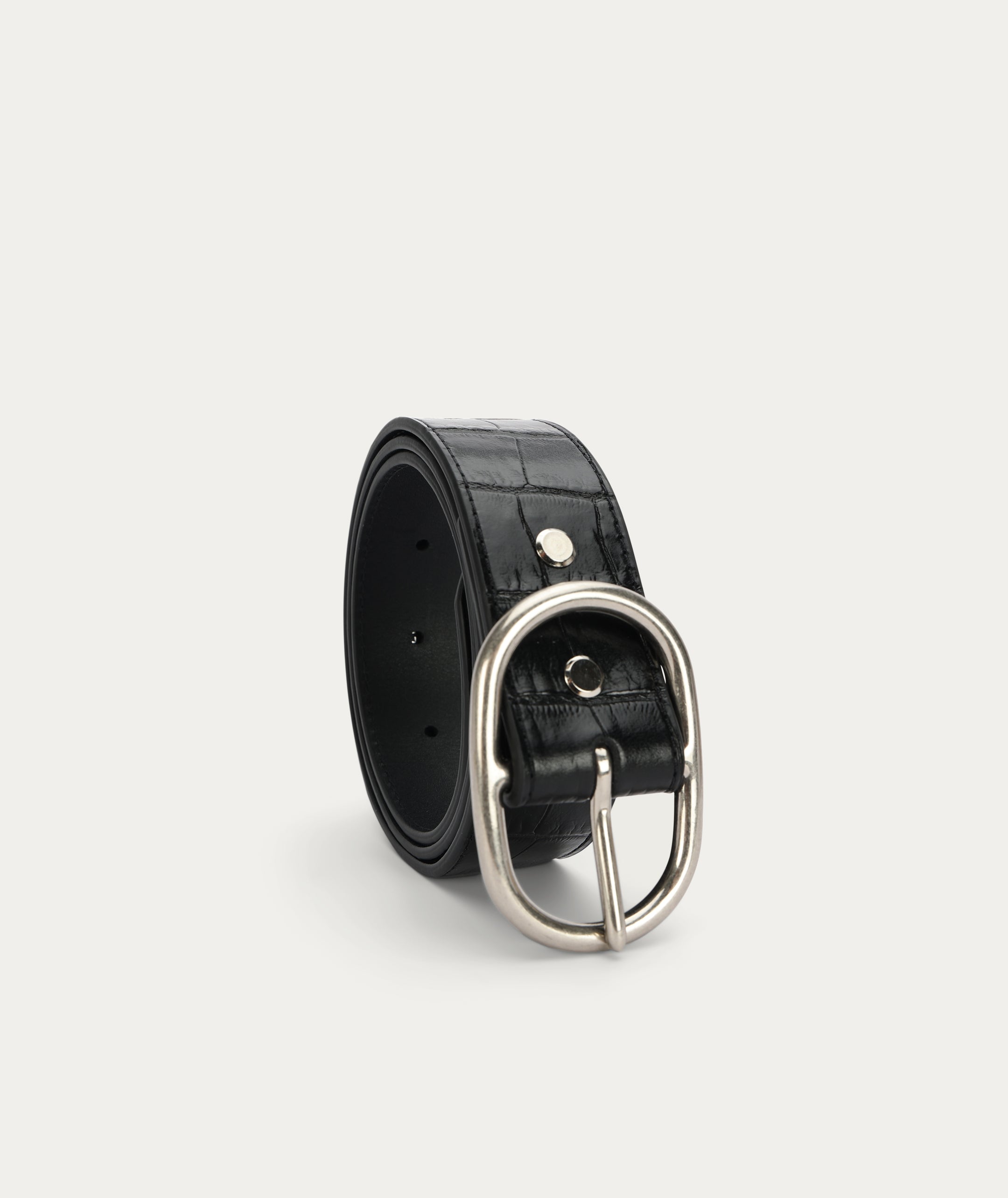 Wide Belt Oval Buckle - Black Croc/Silver