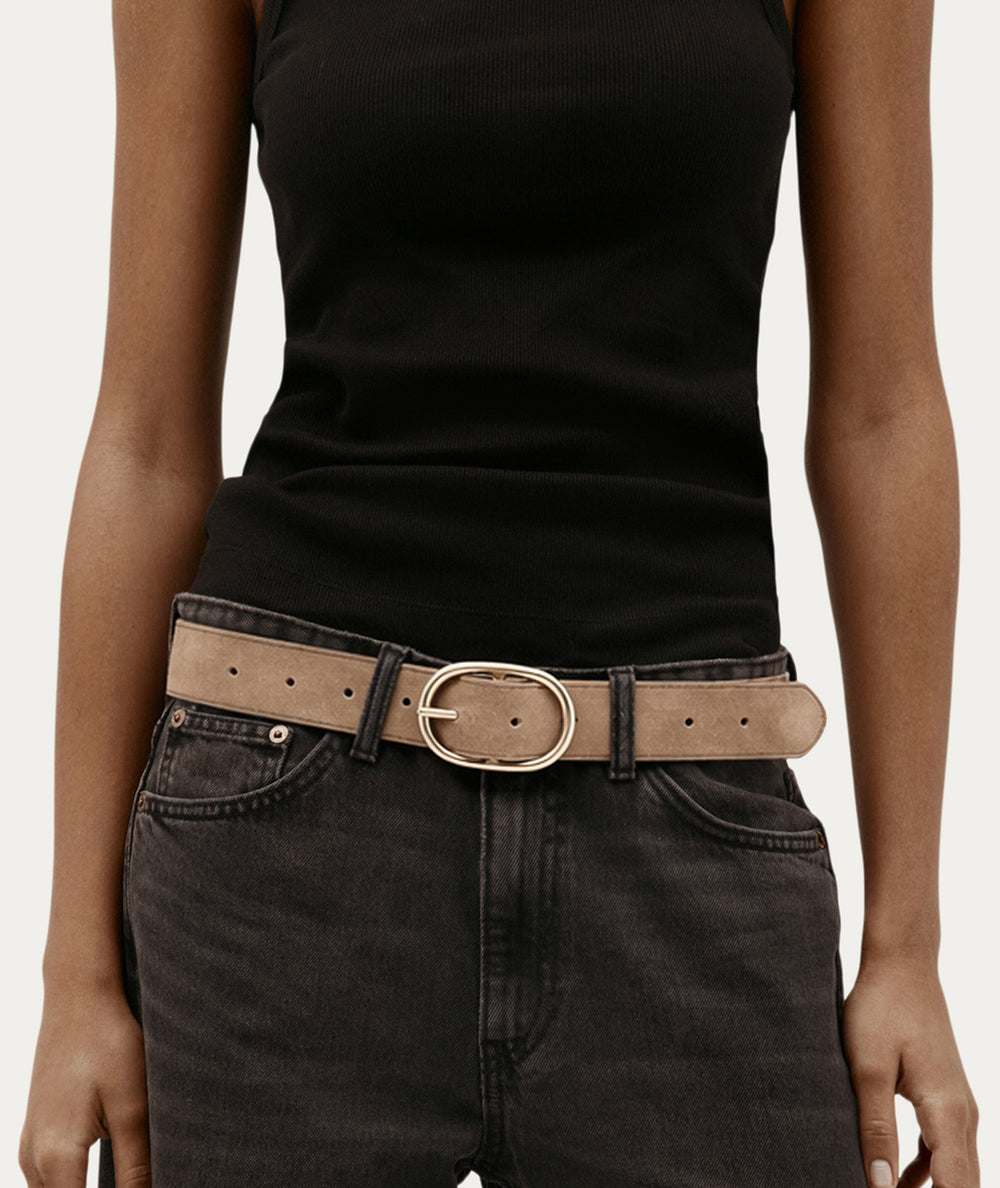 Wide Belt Oval Buckle - Oat Suede/Brass
