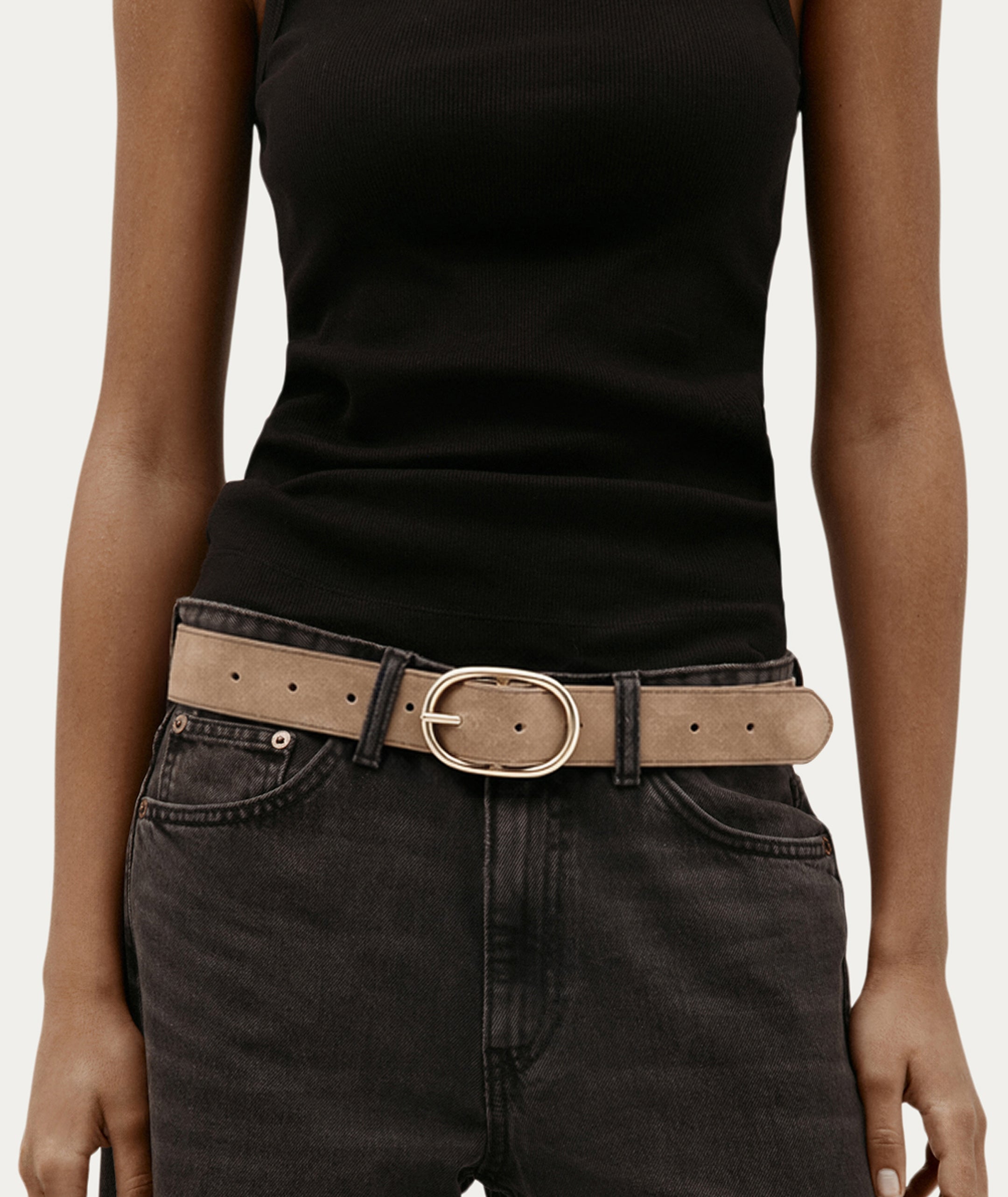 Wide Belt Oval Buckle - Oat Suede/Brass