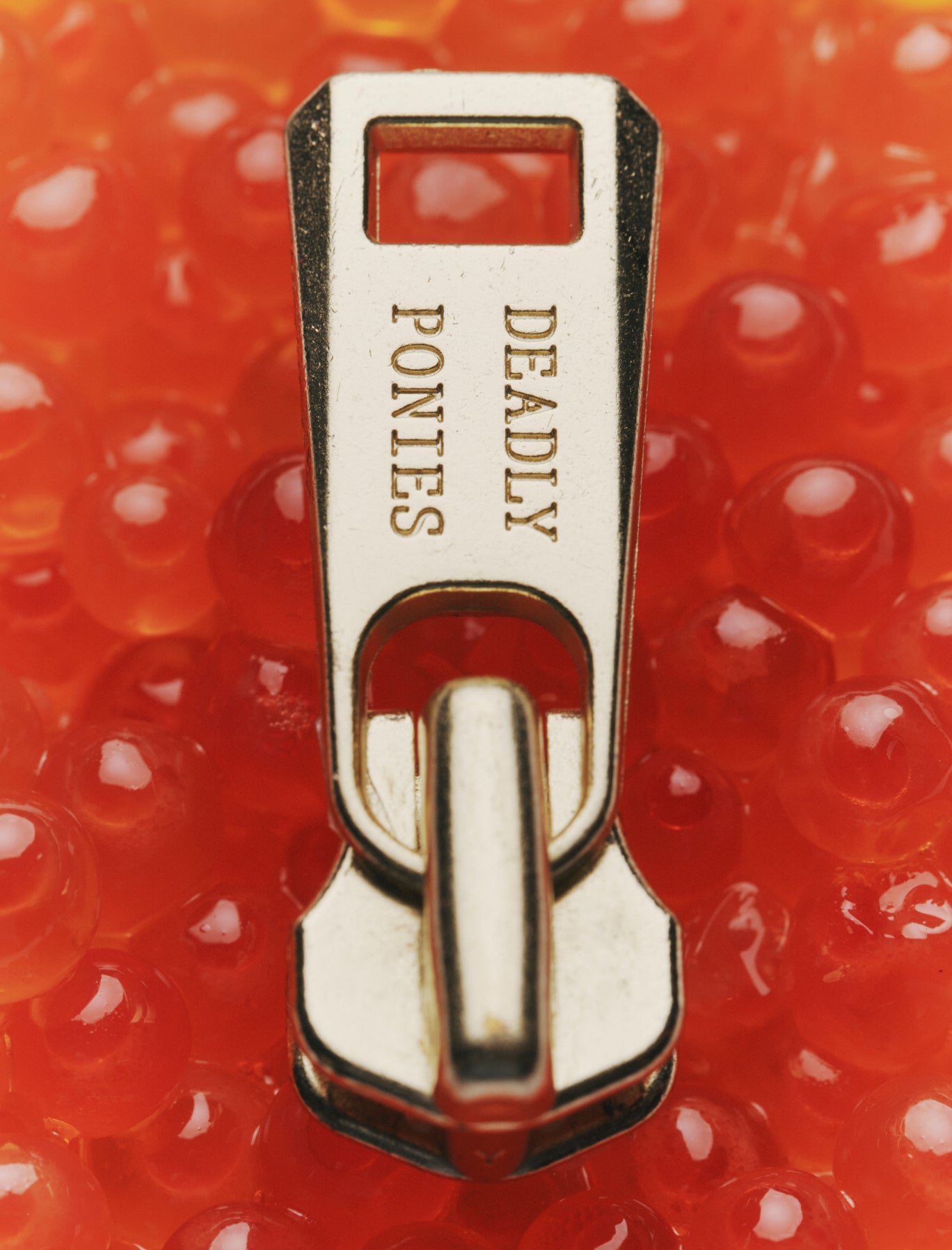 <h5>Solid Brass Zip Pull on bed of Salmon Roe.</h5>
